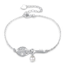 925 Sterling Silver Heart Shaped Key Pearl Girlfriend Bracelet